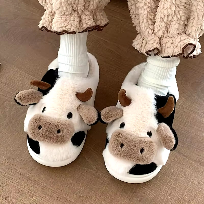 Women'S Cartoon Cute Cow House Slippers Warm plus Lined Closed Toe Fuzzy Home Slides Women'S Fluffy Comfy Shoes Winter Autumn