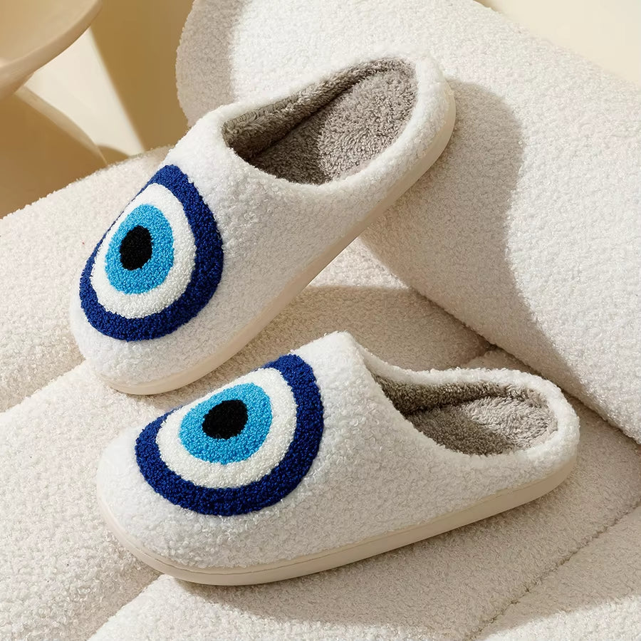 Evil Eyes Blue Embroidery Slippers High Quality Women Men Slippers Fashion Pattern Shoes Warm Home Devil'S Eyes Houseshoes